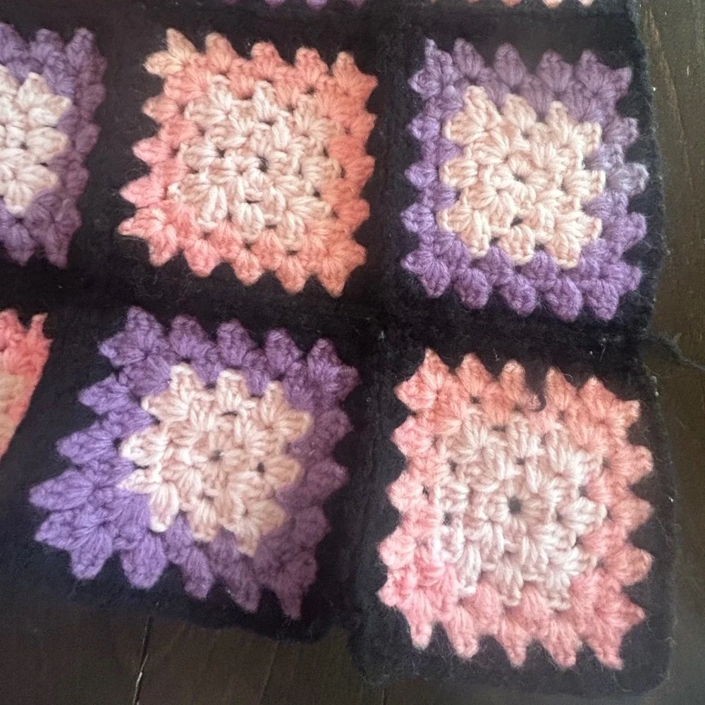 Granny Square Crochet Blanket Pink Purple Black 70s Retro Handmade Cottagecore
